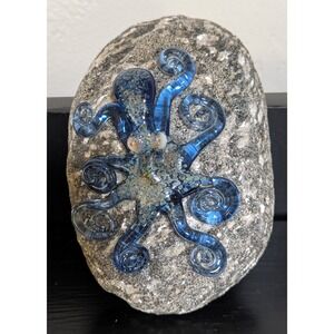 Beautiful Handblown Glass Octopus and Rock Paperweight Speckled Blue